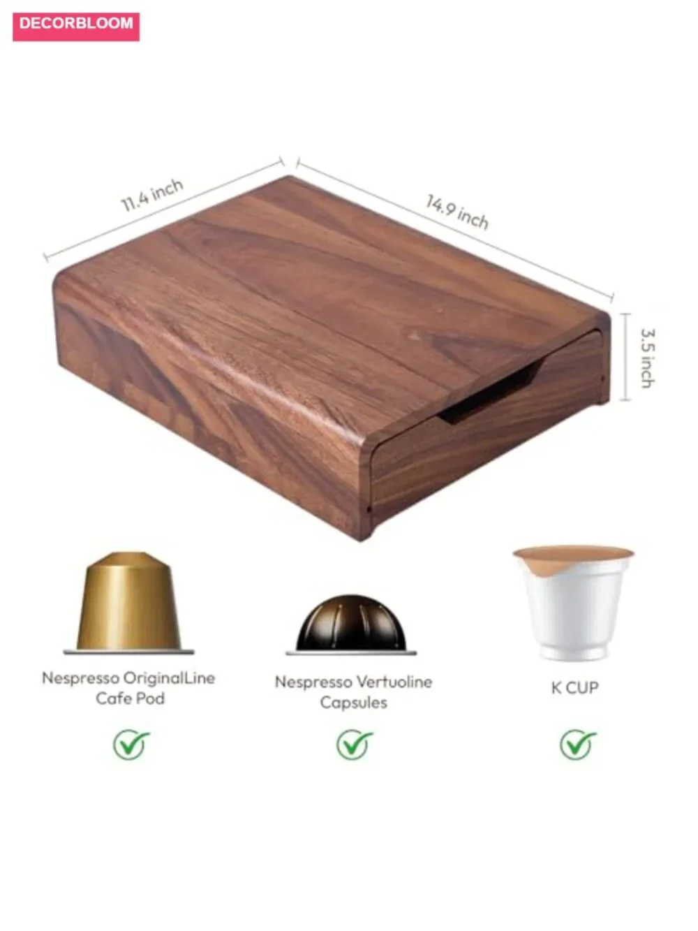 Solid Walnut Coffee Pod Organizer - 35-Capacity Drawer with Dividers
